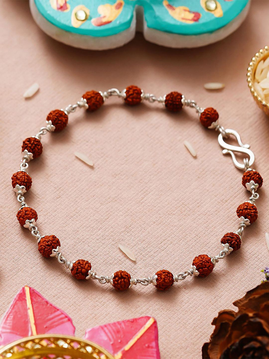 eCraftIndia Rudraksha, 925 Sterling Silver Bracelet Rakhi for Brother, Roli Chawal