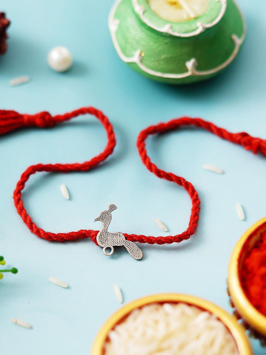 eCraftIndia Peacock Designer 925 Sterling Silver Rakhi for Brother, Roli Chawal Pack