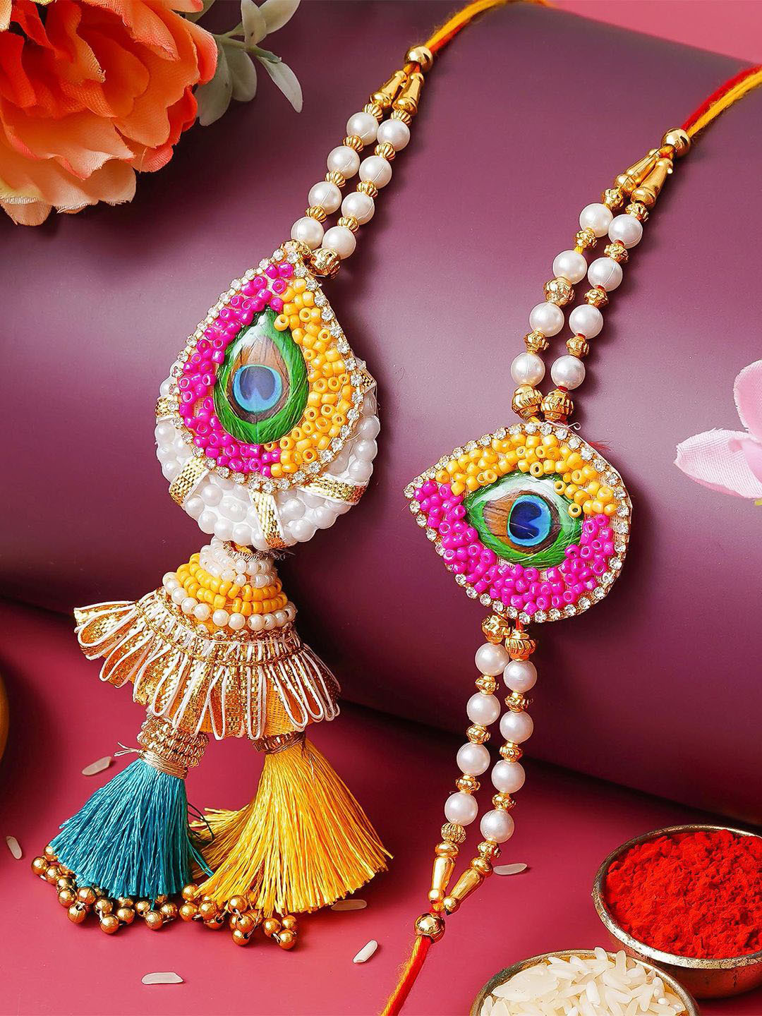 eCraftIndia Set Of 2 Peacock Feathers Pearls Designer Bhaiya Bhabhi Rakhi Set