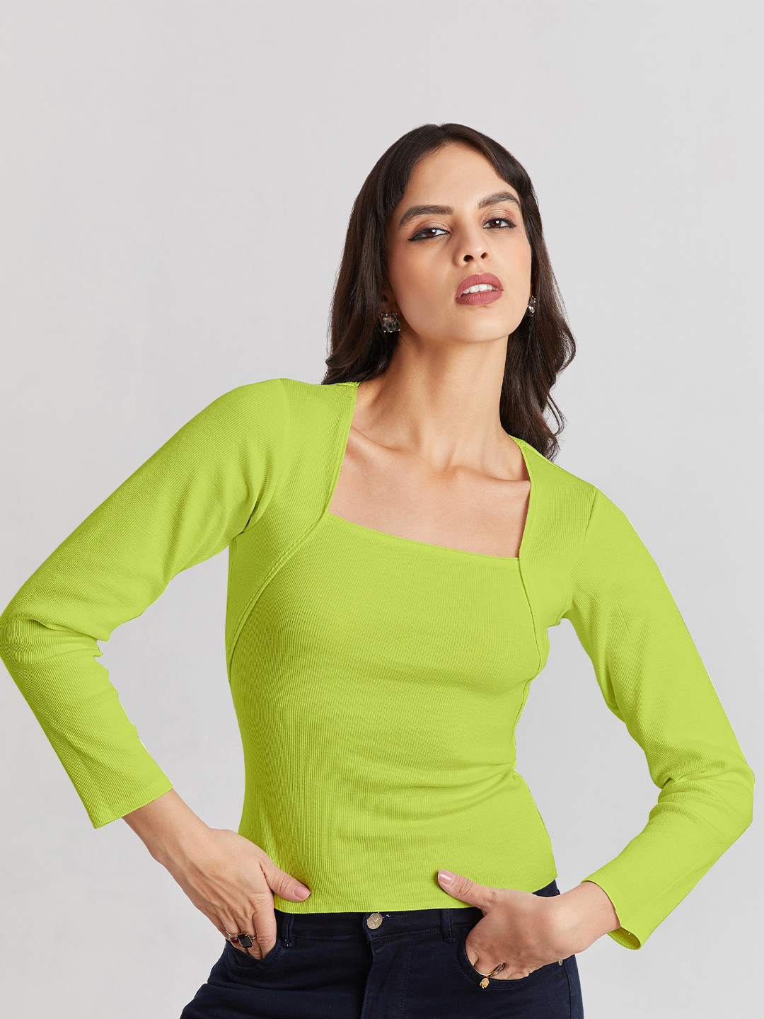 BerryBird Ribbed Square Neck Full Sleeves Fitted Top