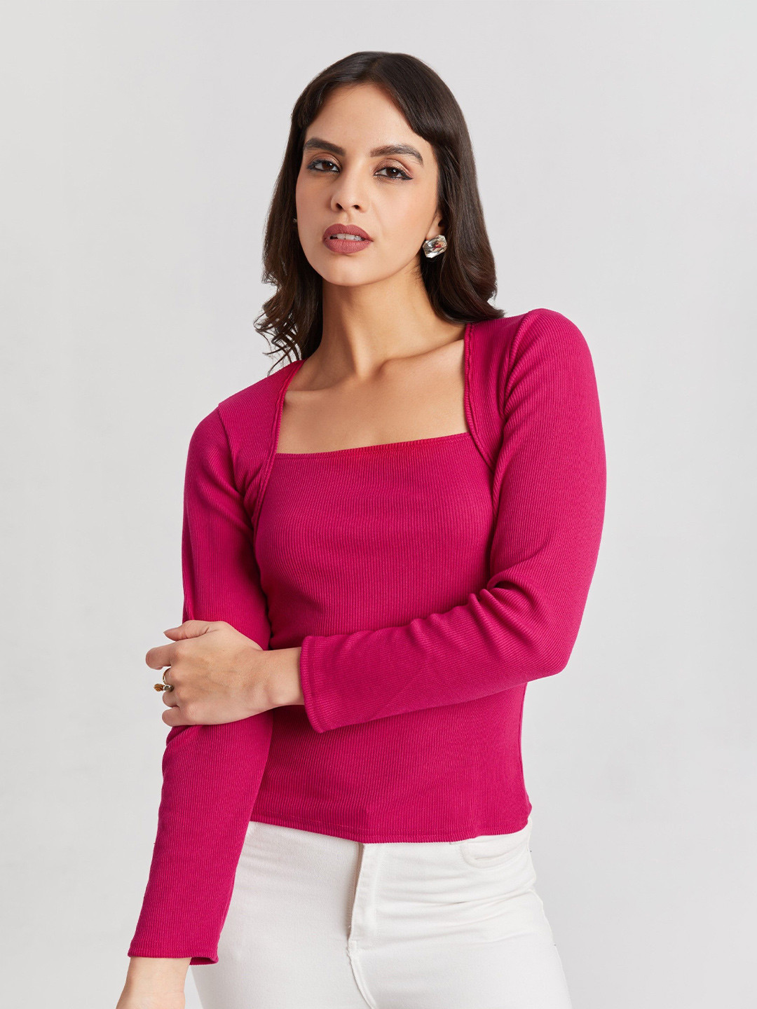 BerryBird Ribbed Square Neck Full Sleeves Fitted Top
