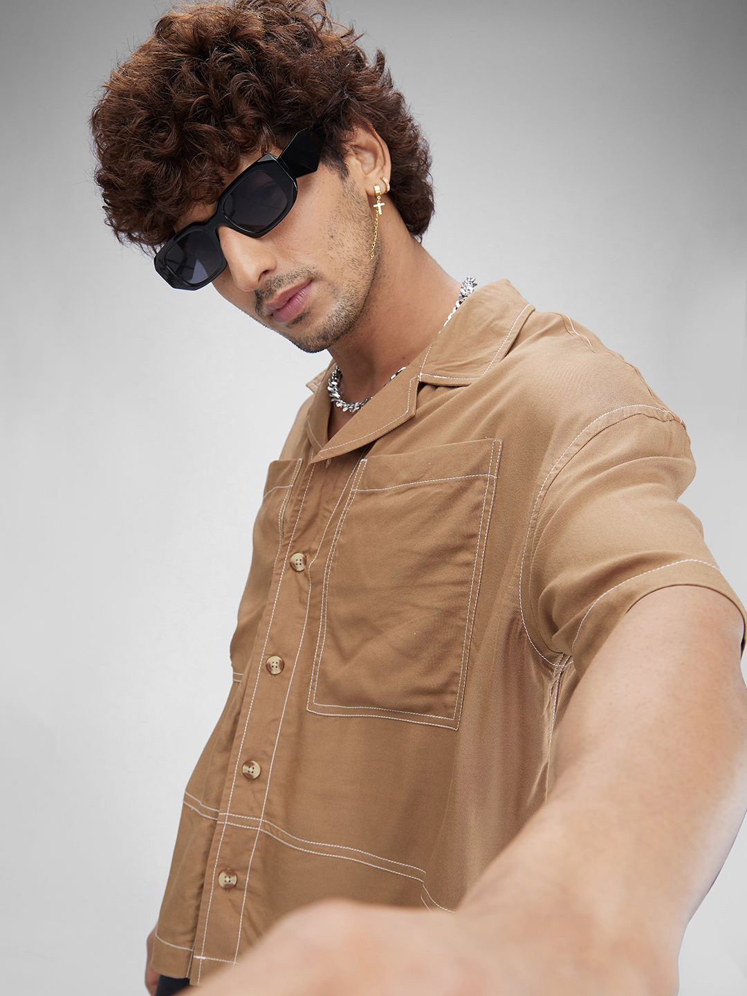 VASTRADO Men Khaki Double Pocket Oversized Cropped Shirt