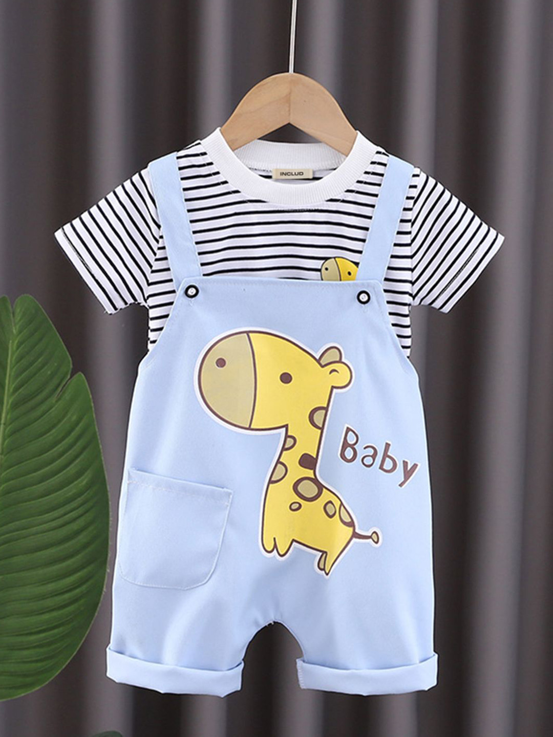 INCLUD Infant Boys Printed Dungaree With Striped T-Shirt