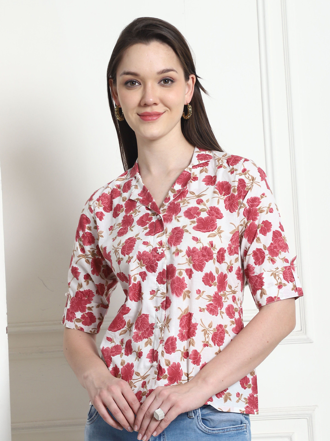 Rajnandini Floral Print Roll-Up Sleeves Ethnic Cotton Shirt Style Top
