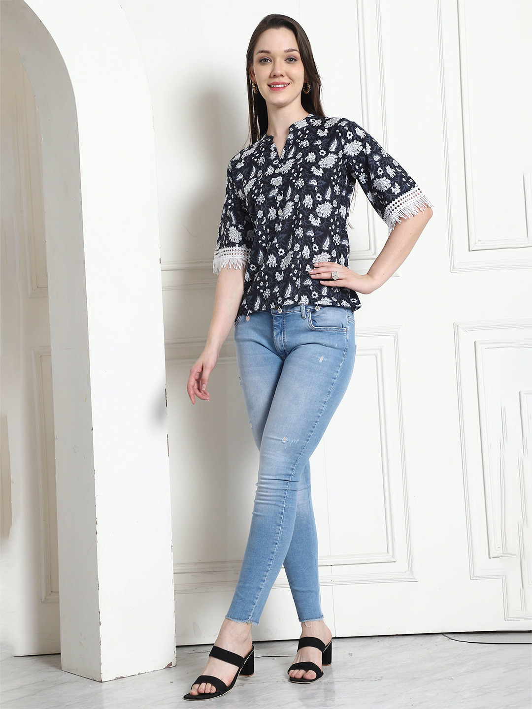 Rajnandini Floral Print Mandarin Collar Ethnic Cotton Shirt Style Top