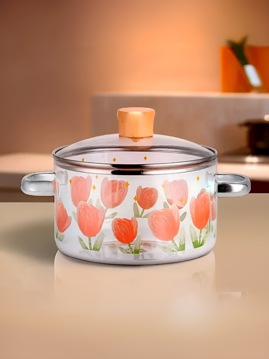 The Better Home Printed Transparent & Red Zeno Borosilicate Glass Top with Lid- 1.45 L