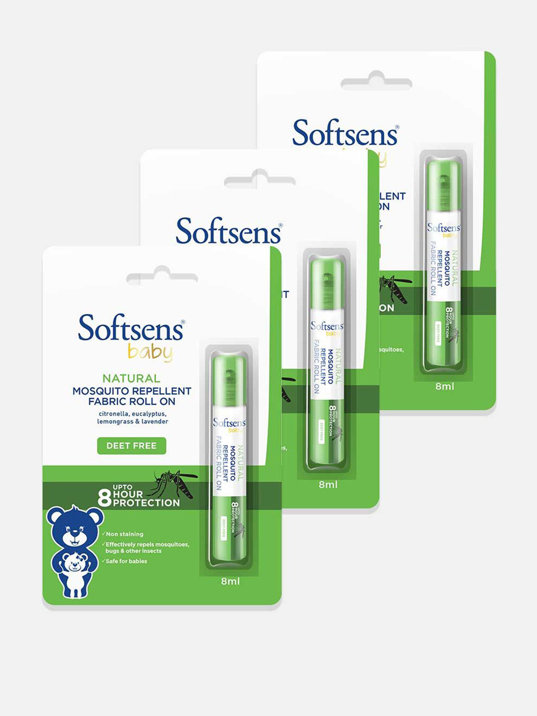 Softsens Set Of 3 Baby Natural Mosquito Repellent Fabric Roll On with Citronella-8ml Each