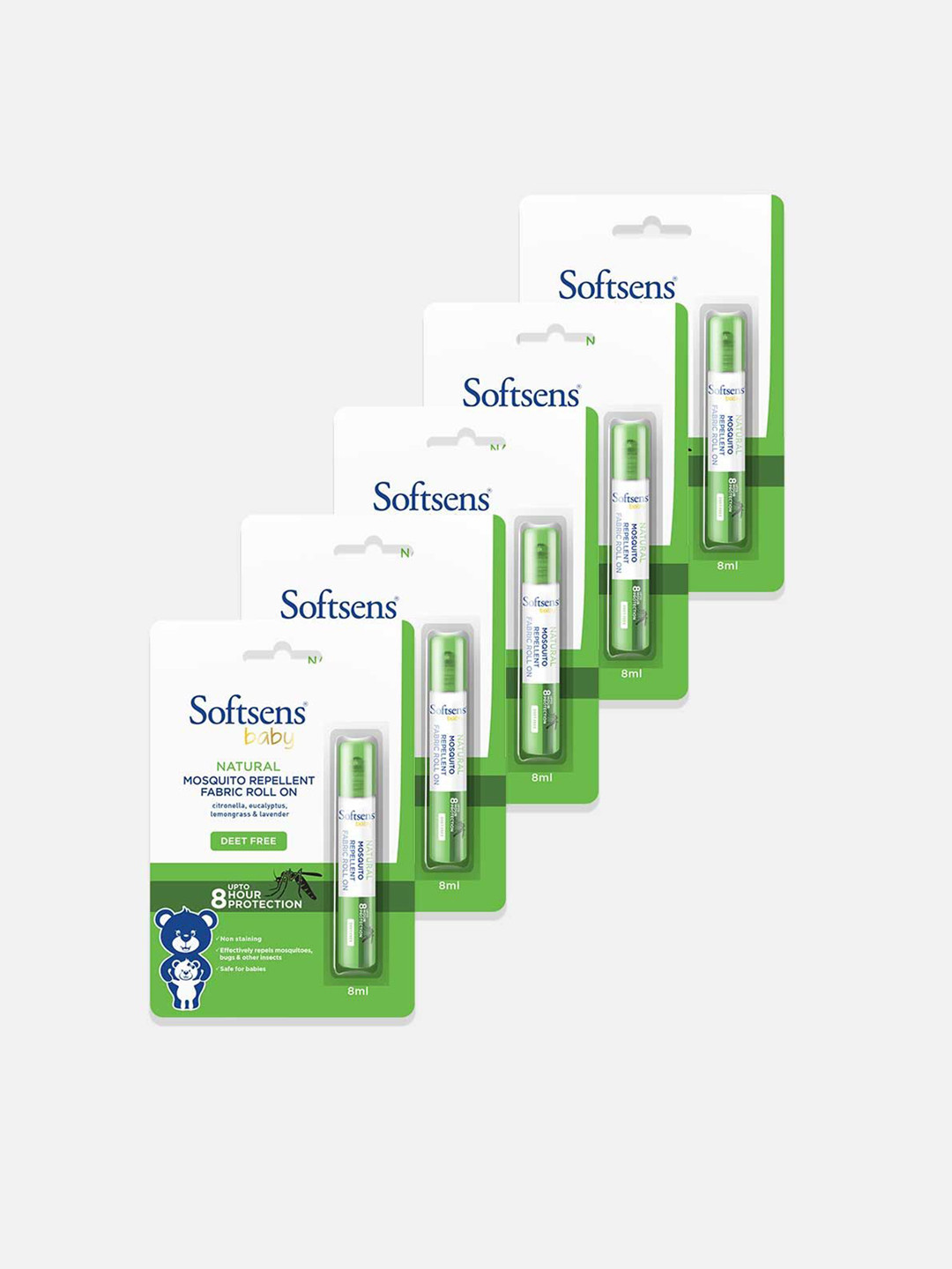 Softsens Set Of 5 Baby Natural Mosquito Repellent Fabric Roll On with Citronella-8ml Each
