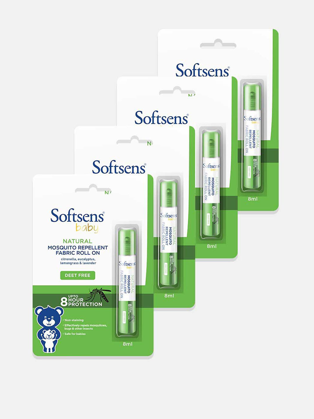 Softsens Set Of 4 Baby Natural Mosquito Repellent Fabric Roll On with Citronella-8ml Each