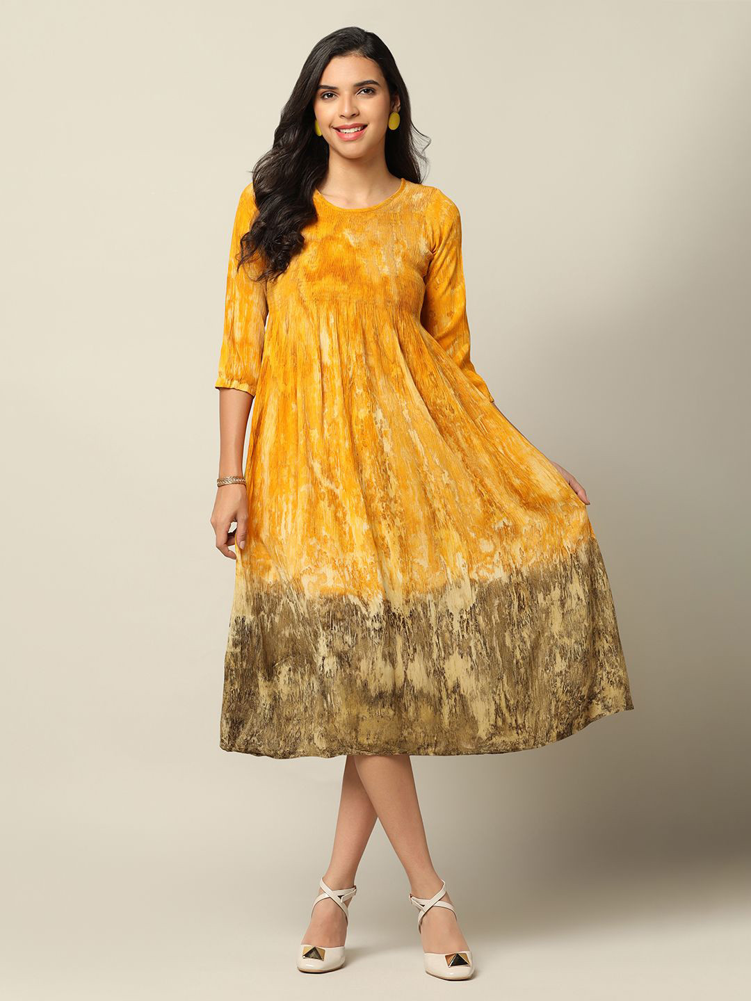 OMPAX Ethnic Motifs Print A-Line Midi Dress