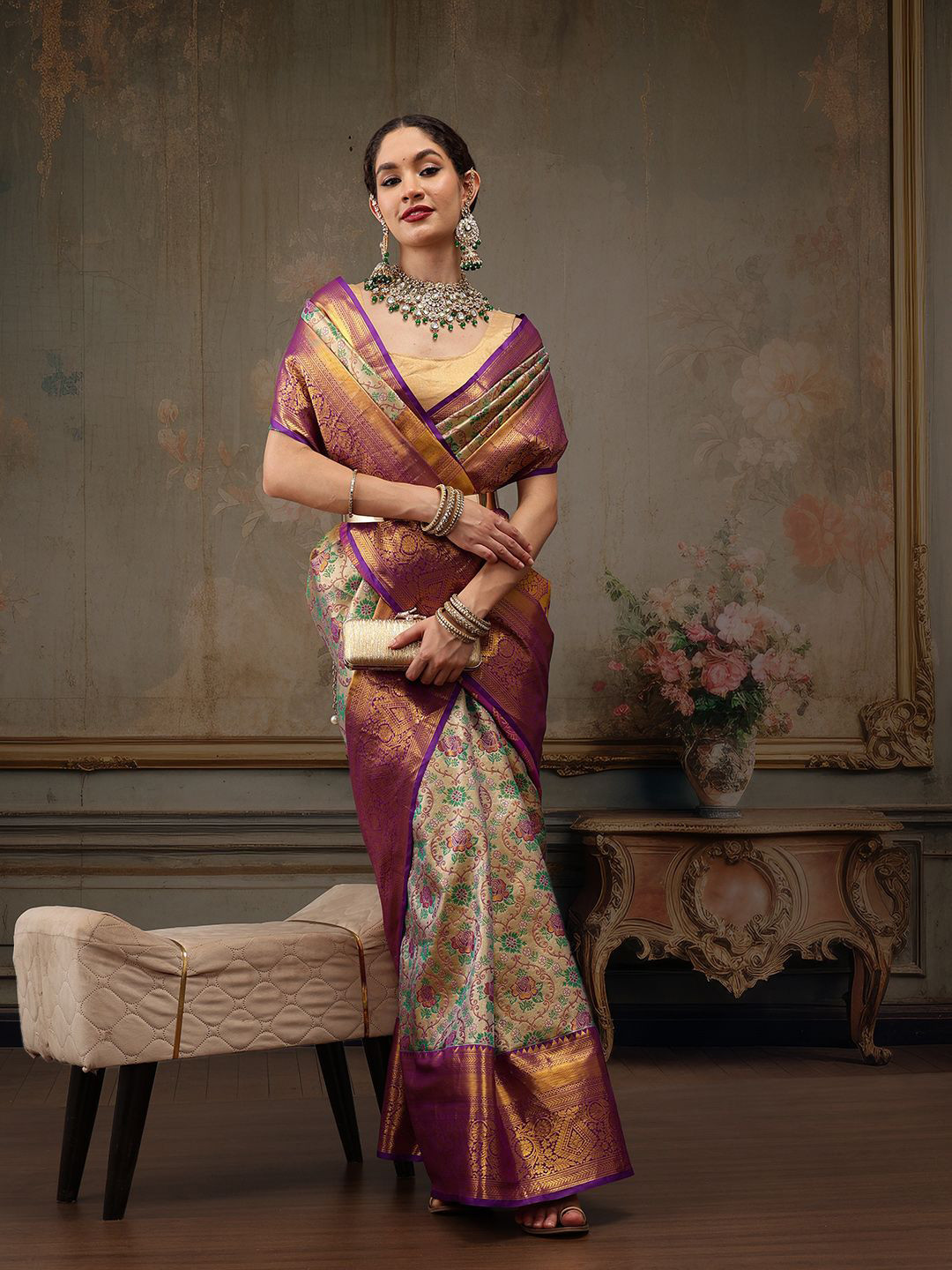 Land Floral Zari Fusion Banarasi Saree