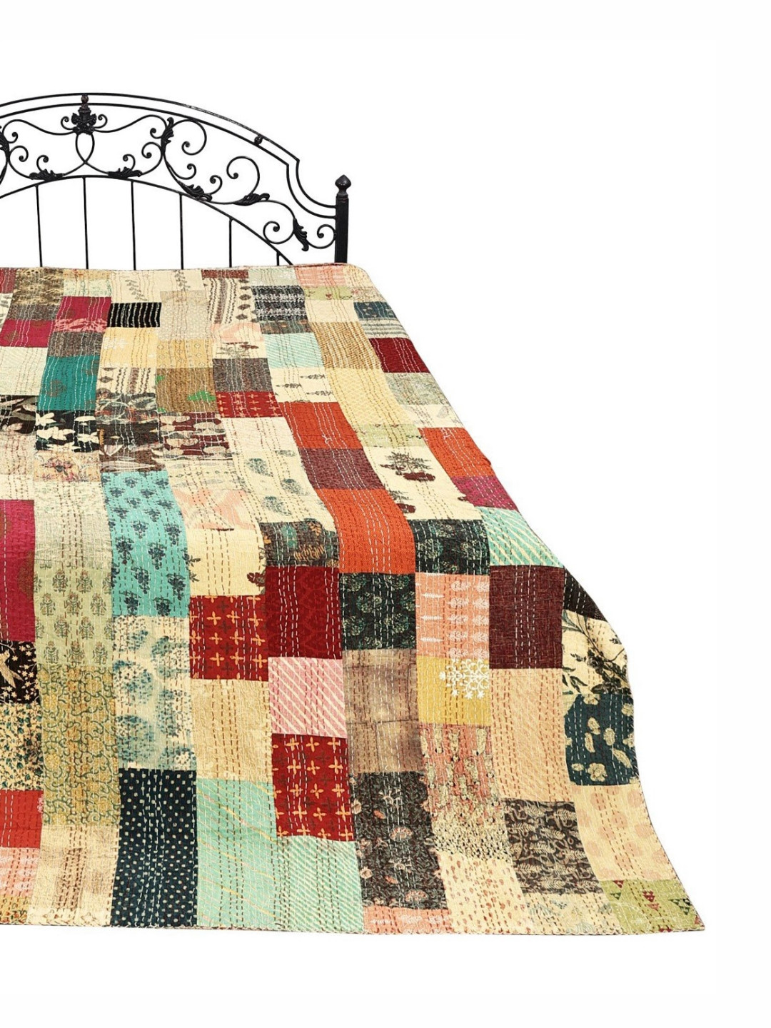 Exotic India Nile-Green Kantha Green Graphic Cotton 300 TC Queen Fine Bedsheet -108 x 92 inches