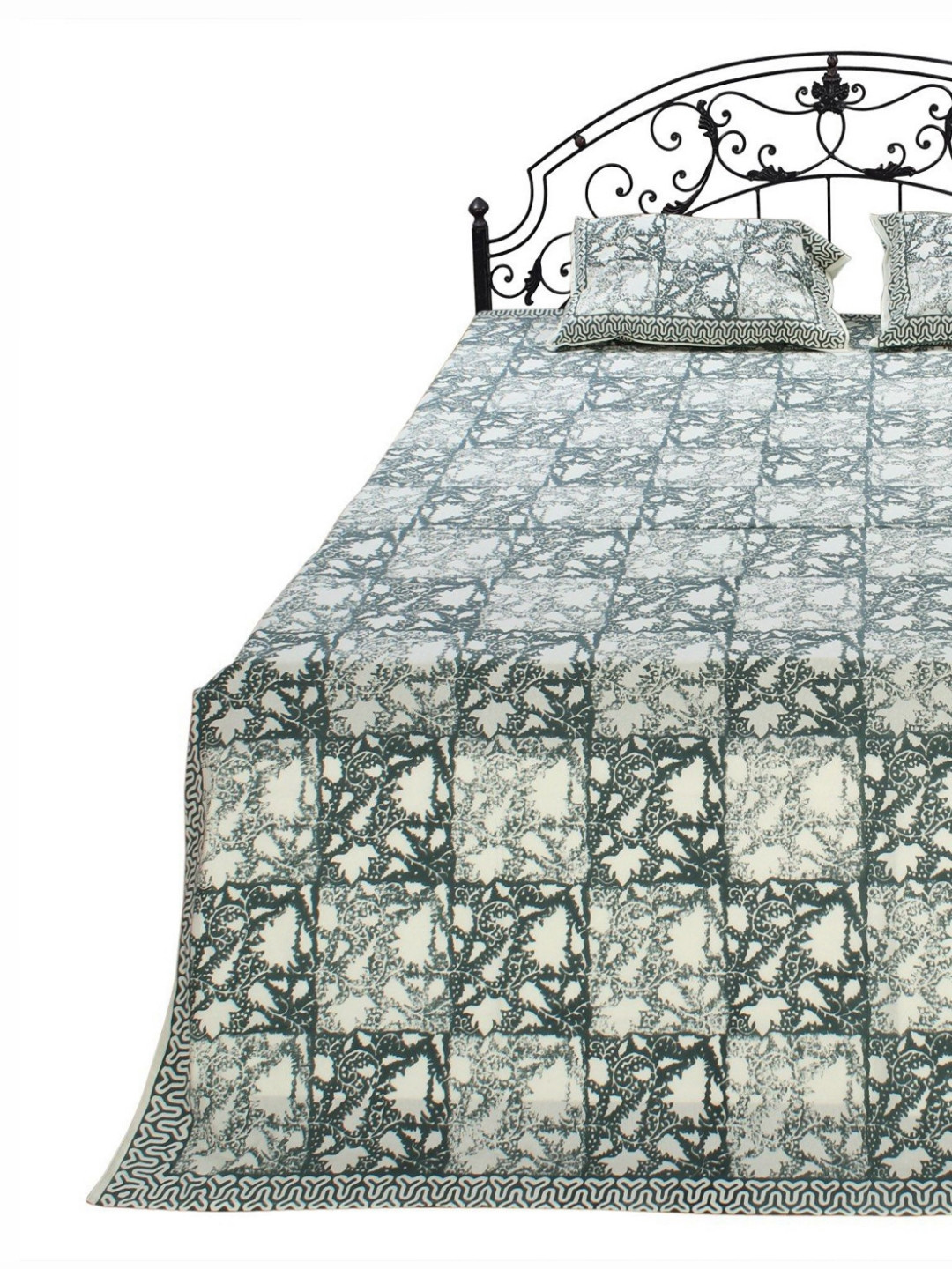 Exotic India Stormy Weather Grey Ethnic Motifs Pure Cotton 300 TC Queen Fine Bedsheet with 2 Pillow Covers-86 x 108 inches