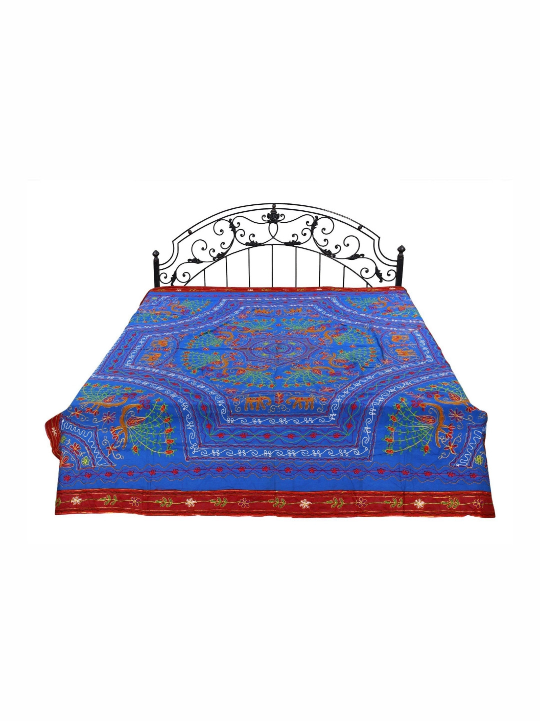 Exotic India Navy Blue Ethnic Motifs Cotton 300 TC Queen Fine Bedsheet -92 x 84 inches