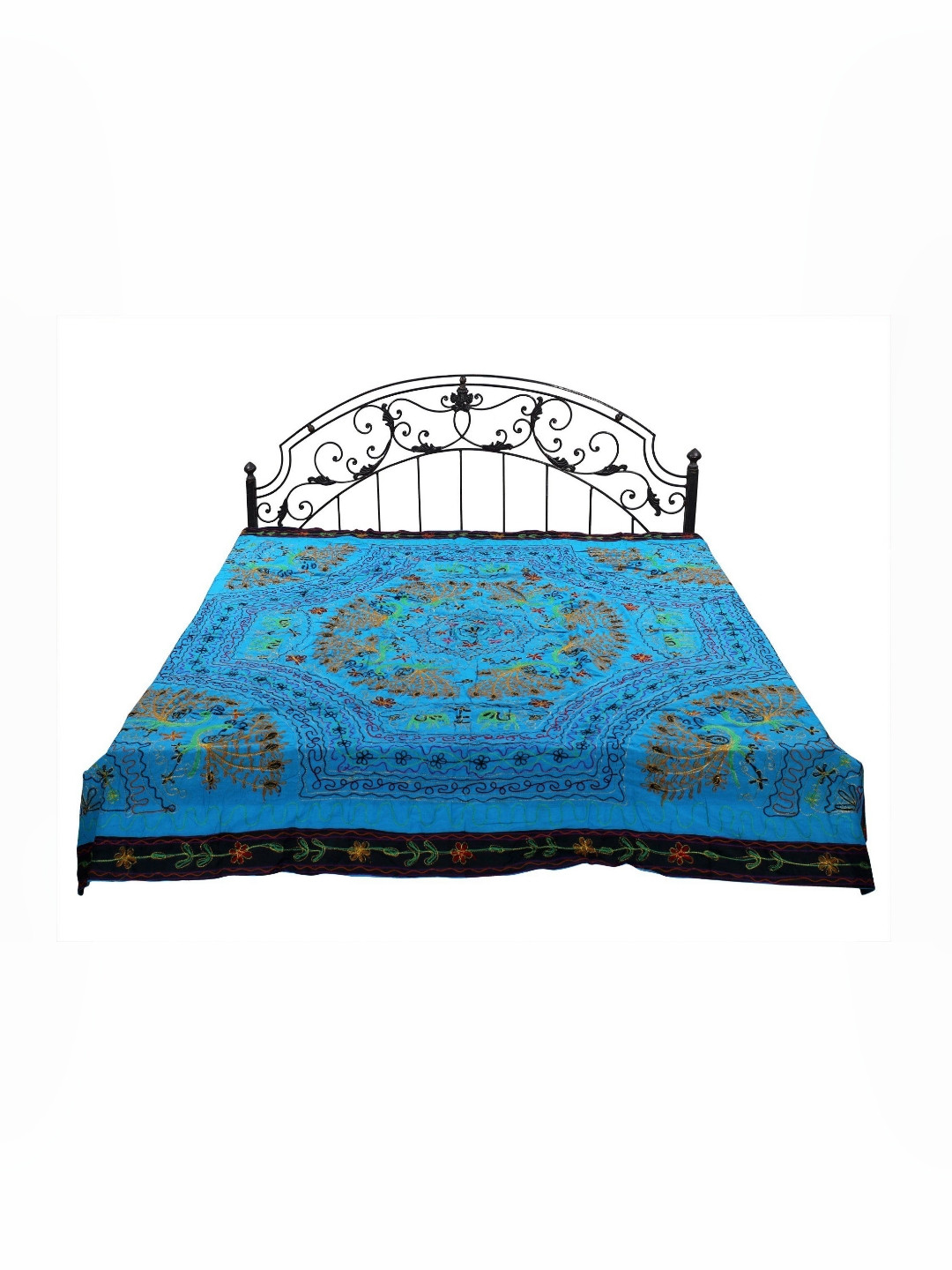 Exotic India Sea Green Ethnic Motifs Cotton 300 TC Queen Fine Bedsheet -90 x 88 inches