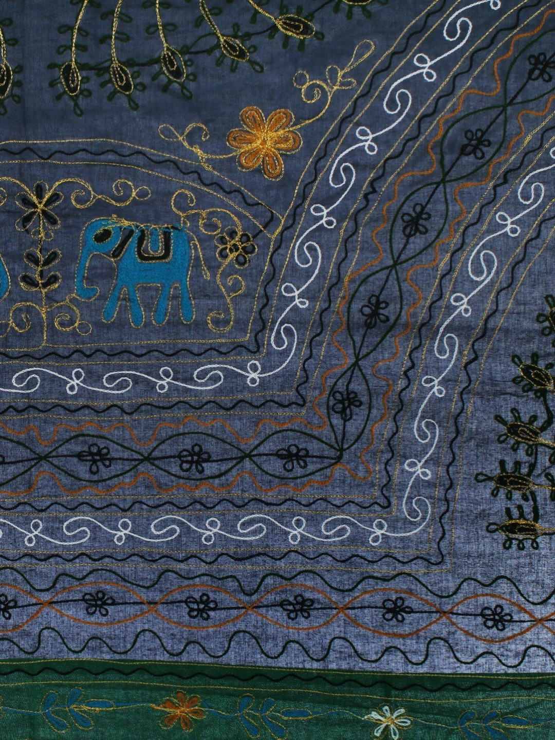 Exotic India Gujarati Blue Ethnic Motifs Cotton 300 TC Queen Fine Bedsheet -90 x 90 inches