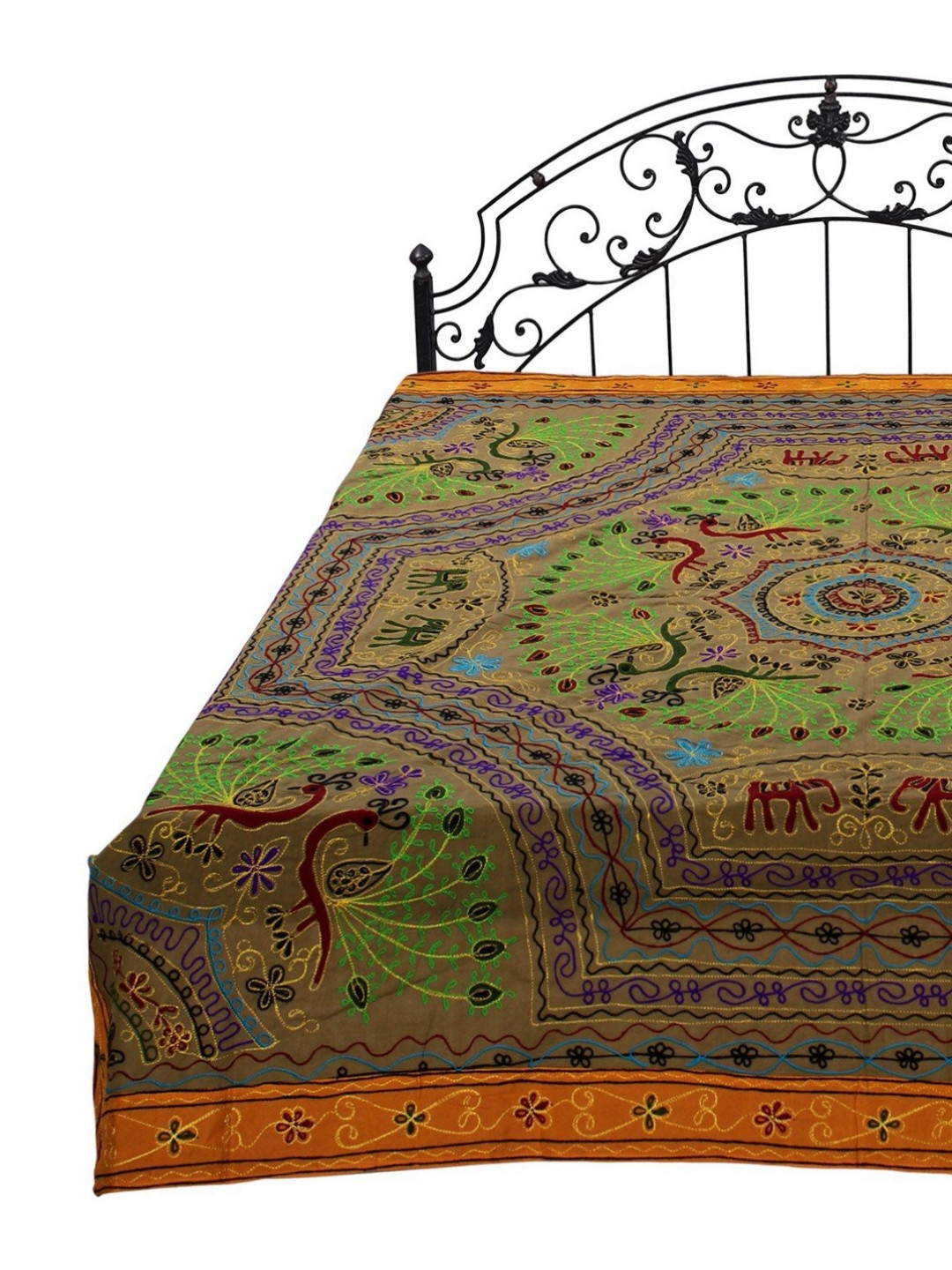 Exotic India Brown Ethnic Motifs Cotton 300 TC Queen Fine Bedsheet -218 x 218 cm