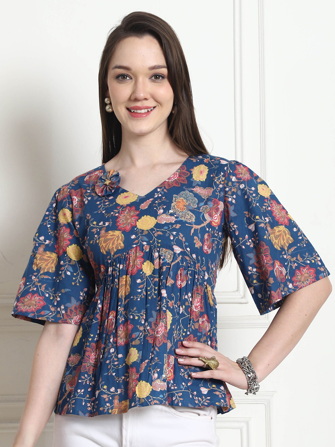 Rajnandini Floral Print Flared Sleeve Cotton Empire Top