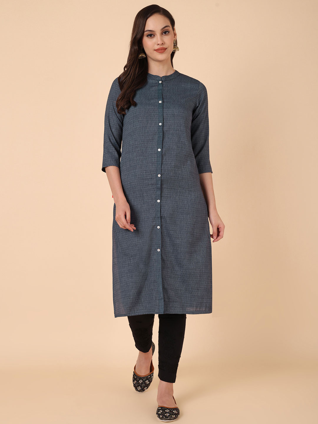 VASVI Geometric Woven Design Mandarin Collar Cotton Straight Kurta