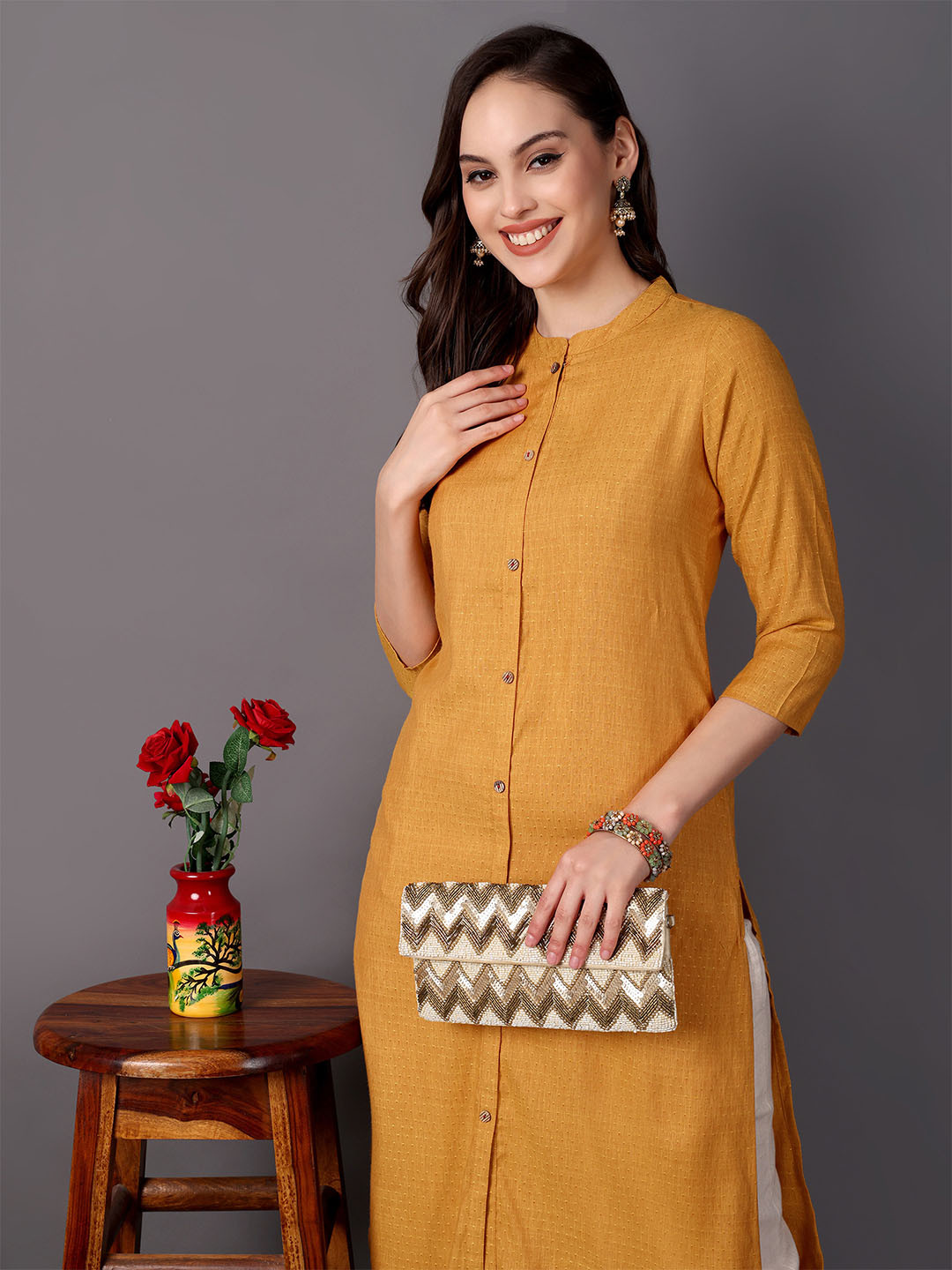 VASVI Geometric Woven Design Mandarin Collar Cotton Straight Kurta