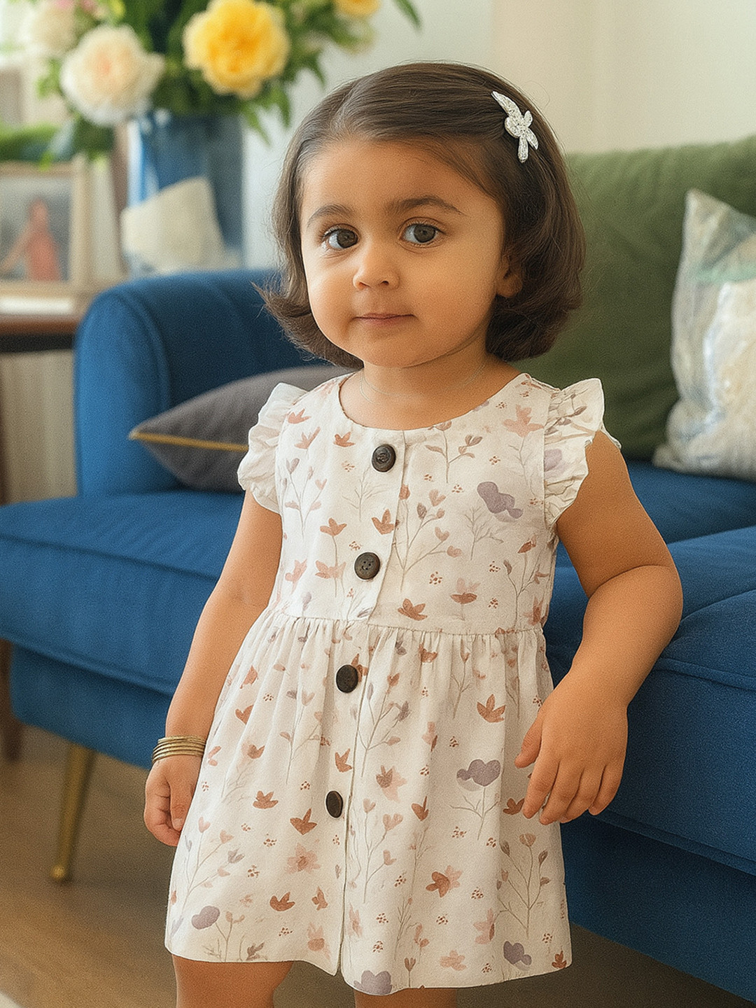 Moms Home Print Flutter Sleeve Organic Cotton Fit & Flare Dress