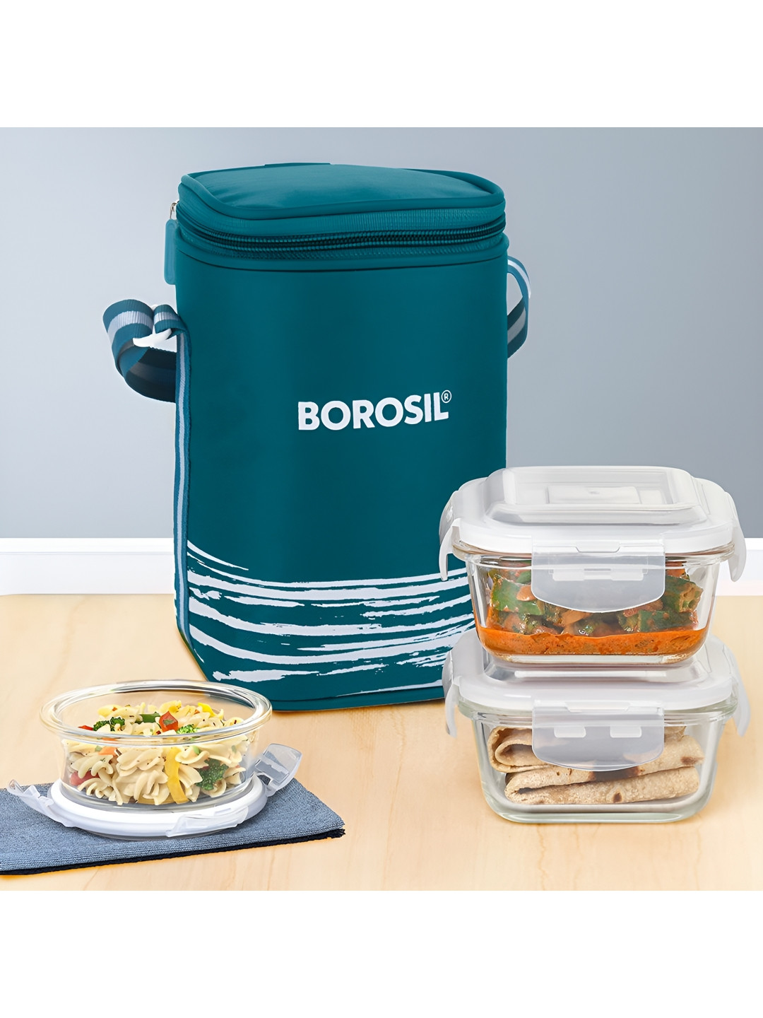 BOROSIL Stellar 3 Pieces Transparent Borosilicate Glass Lunch Box 320ml