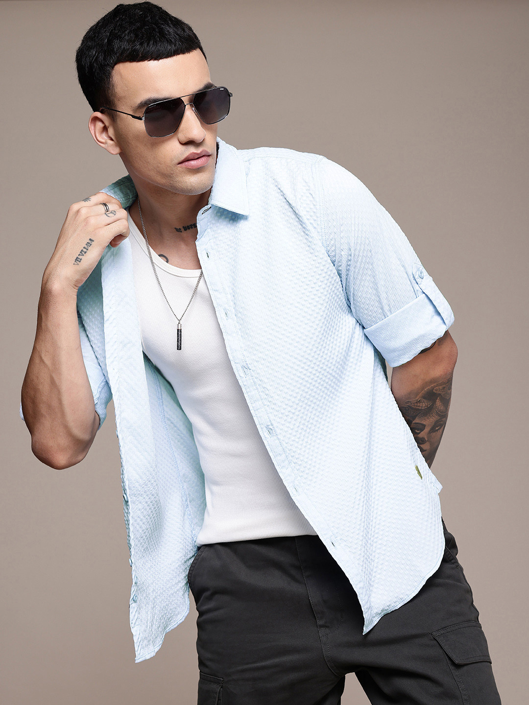 The Roadster Life Co. Roll-Up Sleeves Self Design Textured Opaque Casual Shirt