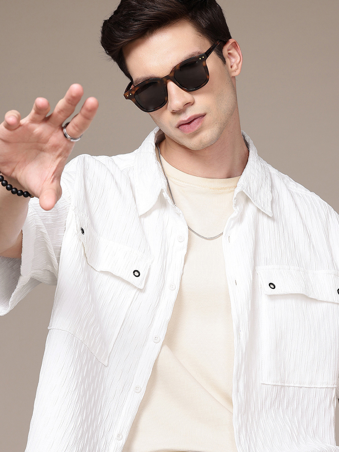 The Roadster Life Co. Popcorn Texture Drop-Shoulder Sleeves Relaxed Fit Casual Shirt