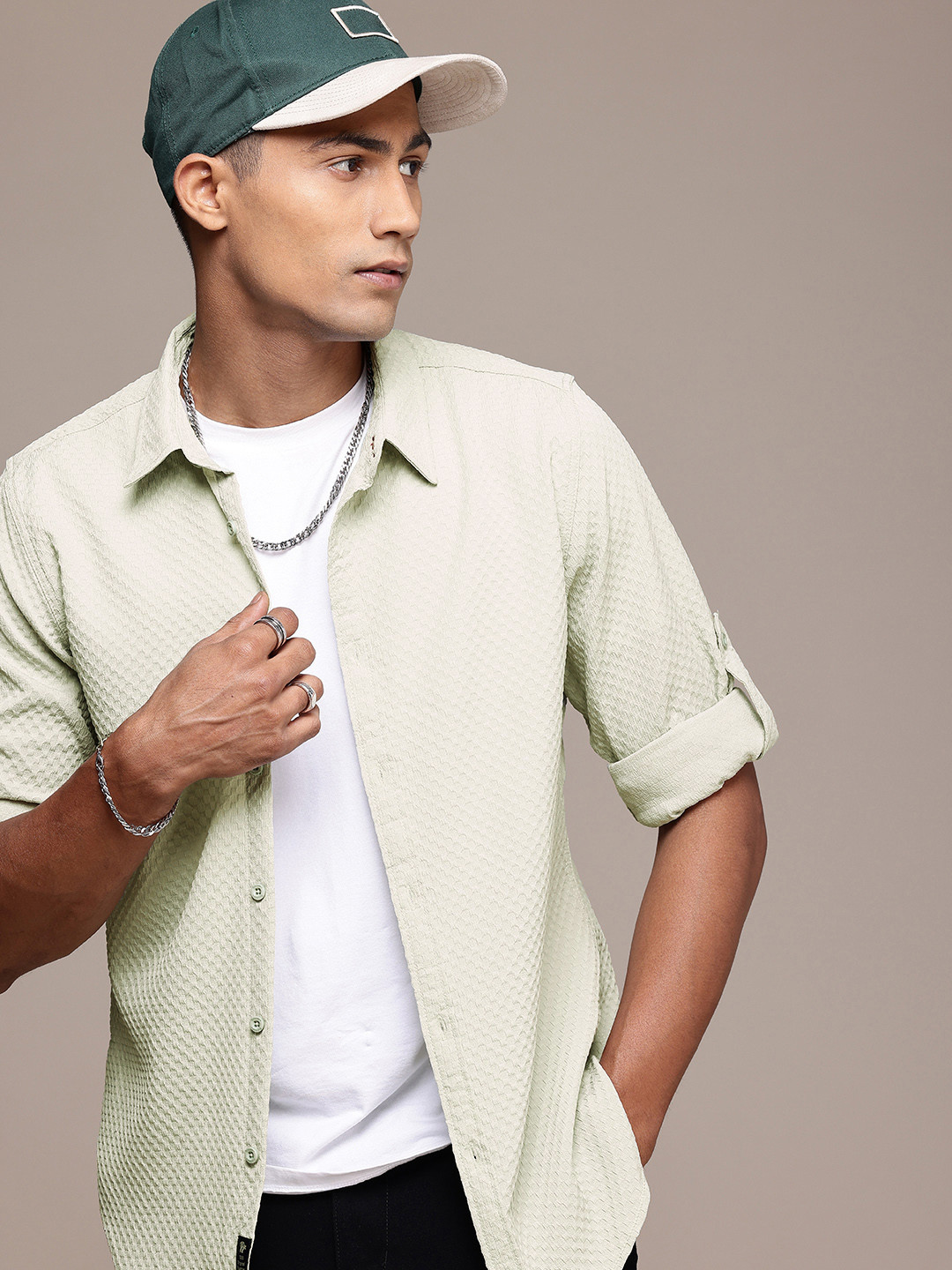 The Roadster Life Co. Roll-Up Sleeves Popcorn Texture Opaque Casual Shirt