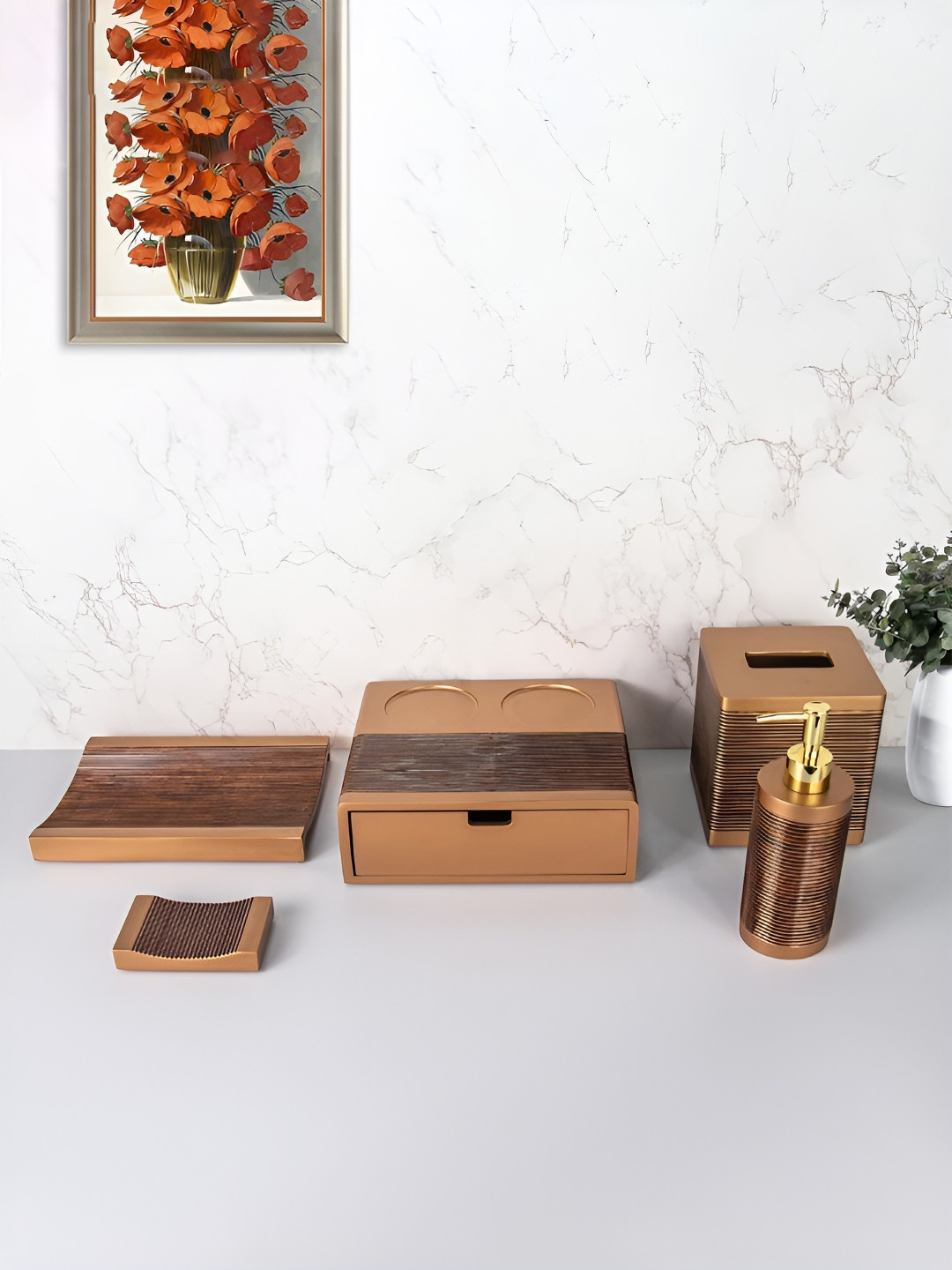 Kuber Industries Brown & Gold-Toned 5 piece Solid Resin Soap Dispenser