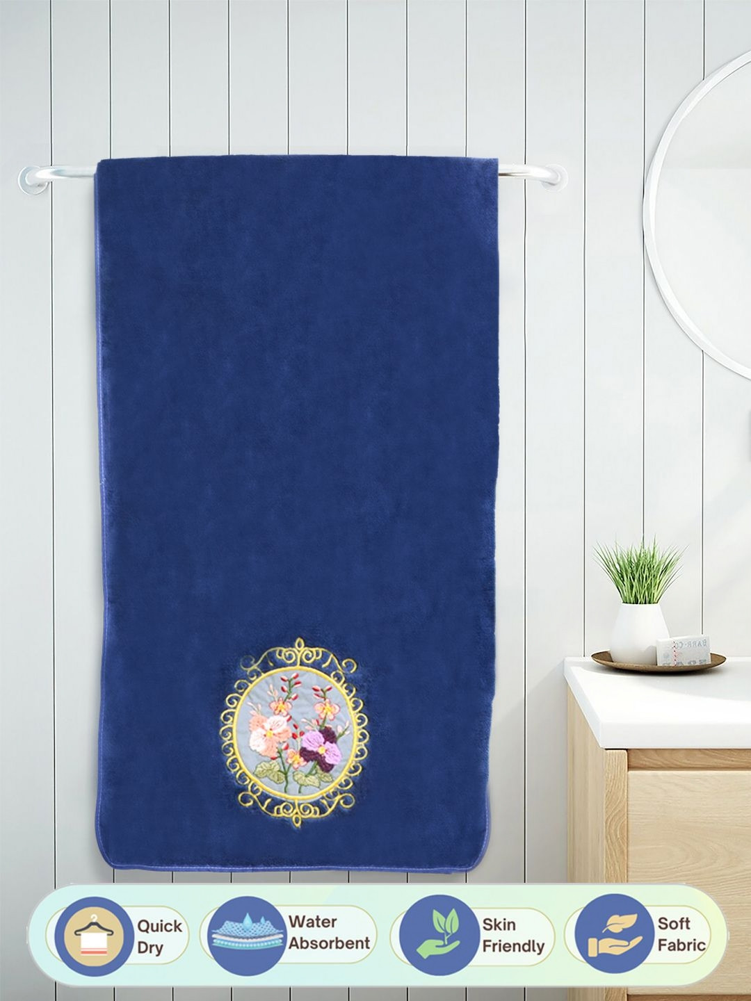 FABINALIV Blue Embroidered Cotton 400GSM Super Soft Adult Regular Bath Towel-55x28In