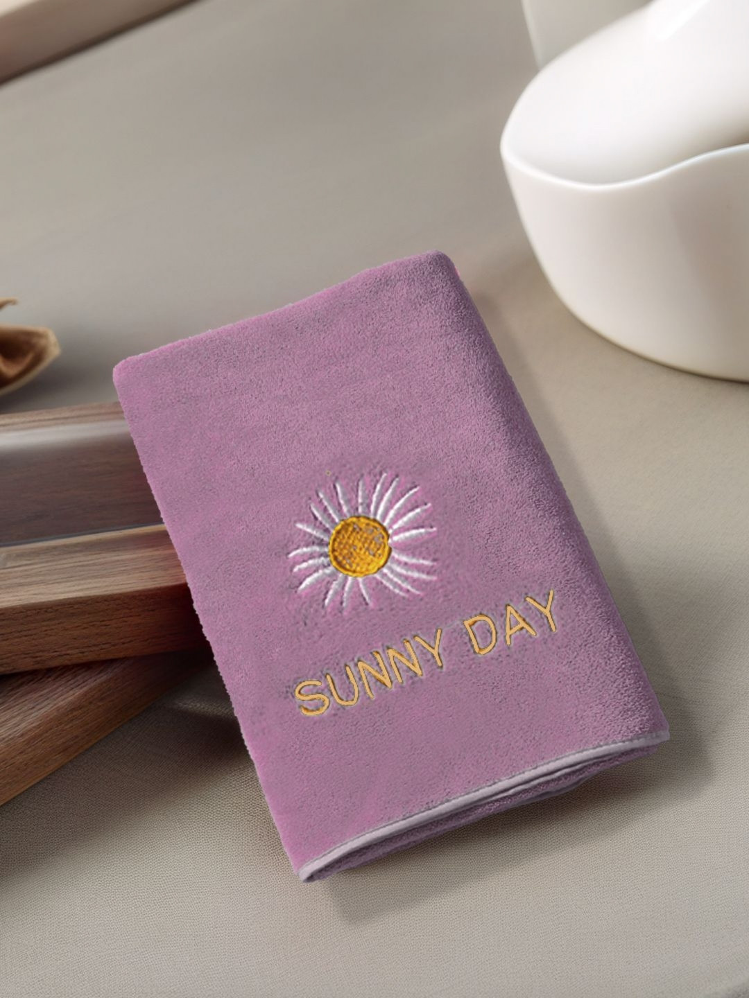 FABINALIV Purple Embroidered Cotton 400GSM Hanging Loop Adult Regular Bath Towel-55x28In