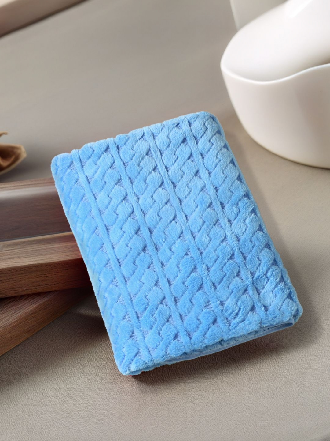 FABINALIV Blue Self Design Cotton 400GSM Hanging Loop Adult Regular Bath Towel-53x28In