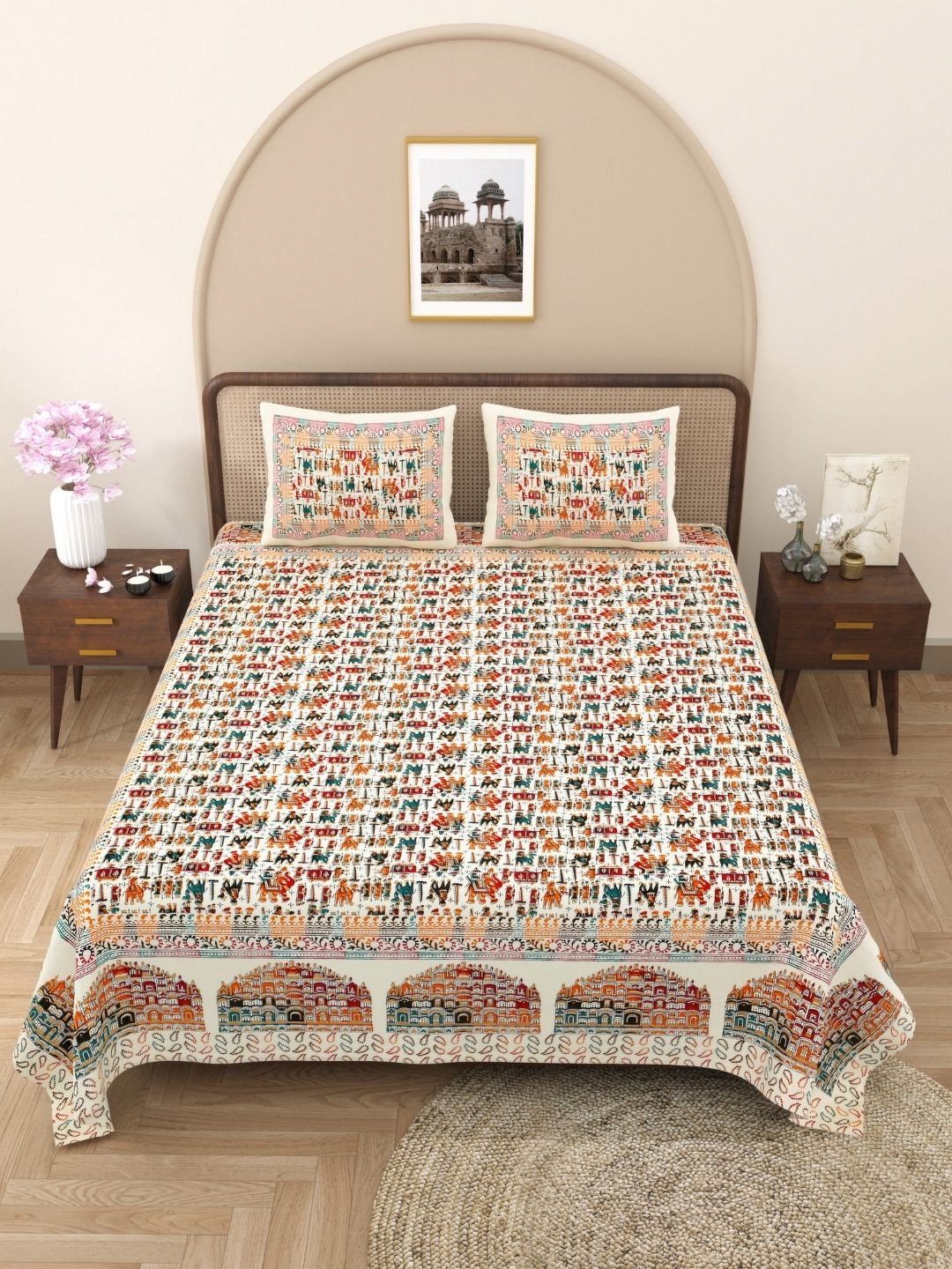 The Craft Monk Satrangi Hawa Mahal Multicoloured Ethnic Motifs Cotton 240 TC King Bedsheet with 2 Pillow Covers-108 x 90 inches