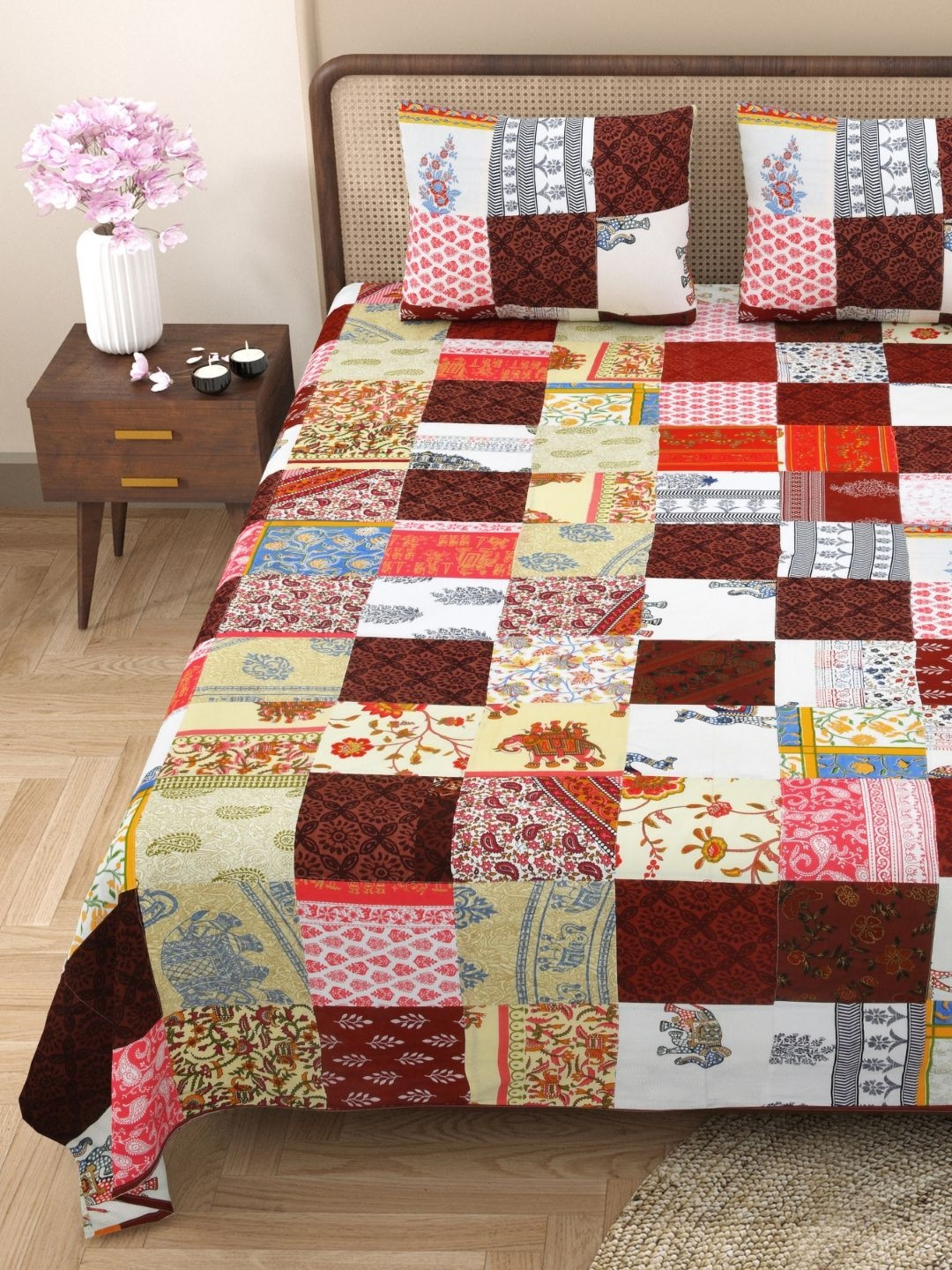 The Craft Monk Satrangi Multicoloured Geometric Pure Cotton 240 TC King Bedsheet with 2 Pillow Covers-108 x 90 inches