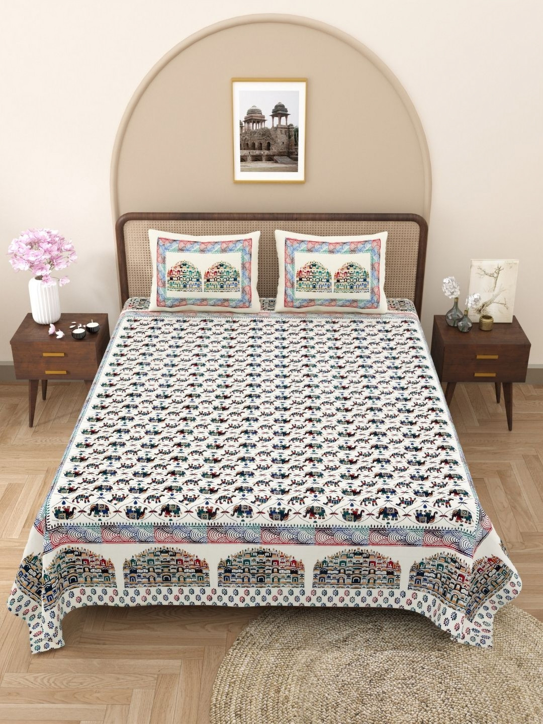 The Craft Monk Satrangi Hawa Mahal Multicoloured Animal Cotton 240 TC King Bedsheet with 2 Pillow Covers-108 x 90 inches