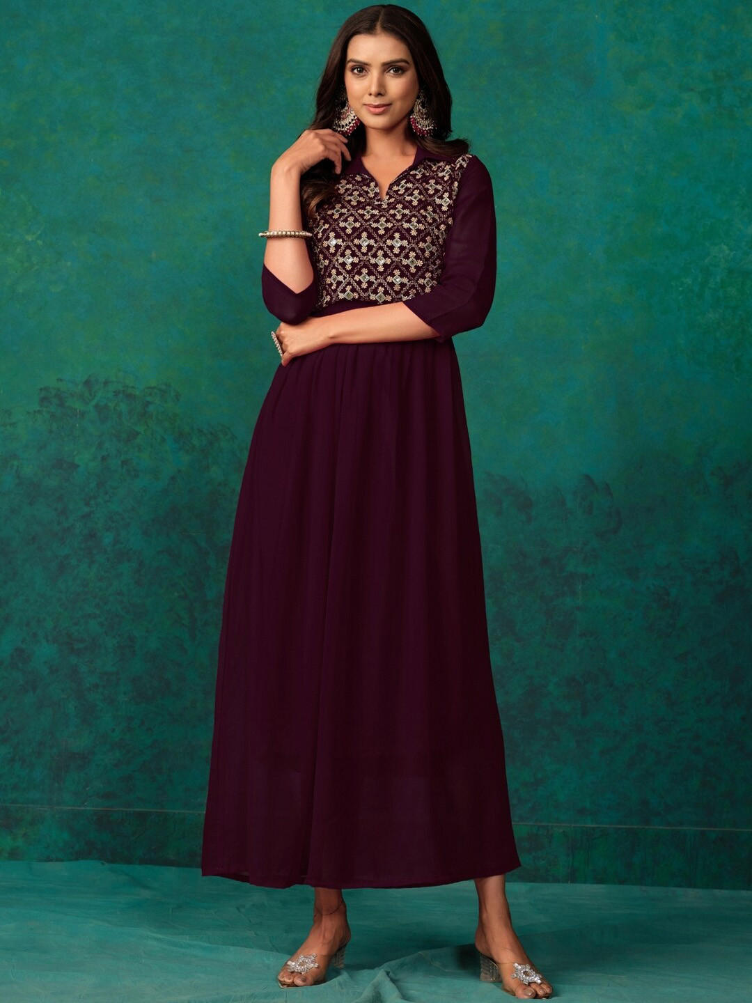 Sangria Women Mirror Work Embroidered Anarkali Kurta