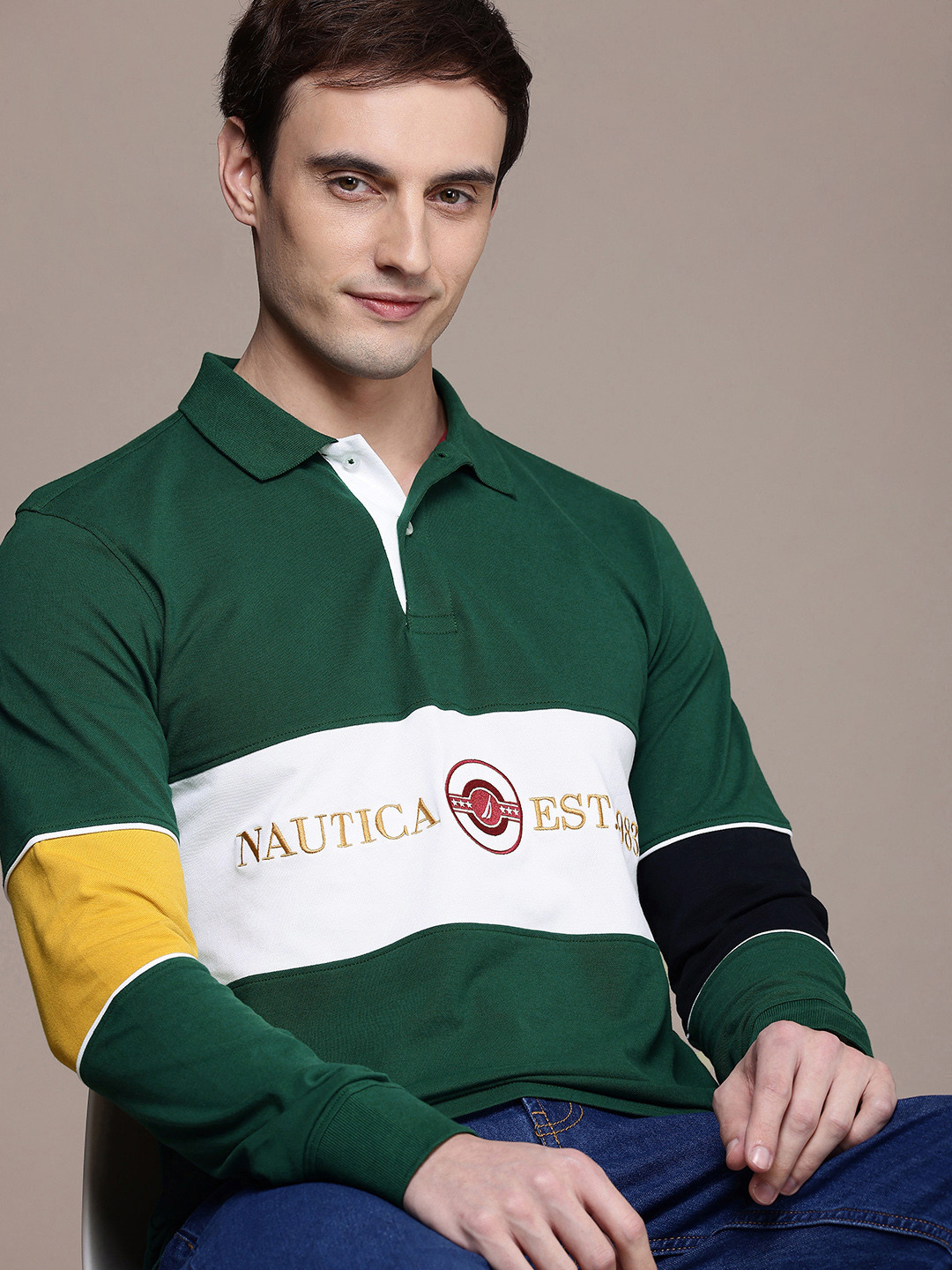 Nautica Long Sleeves Colourblocked Polo Collar T-shirt