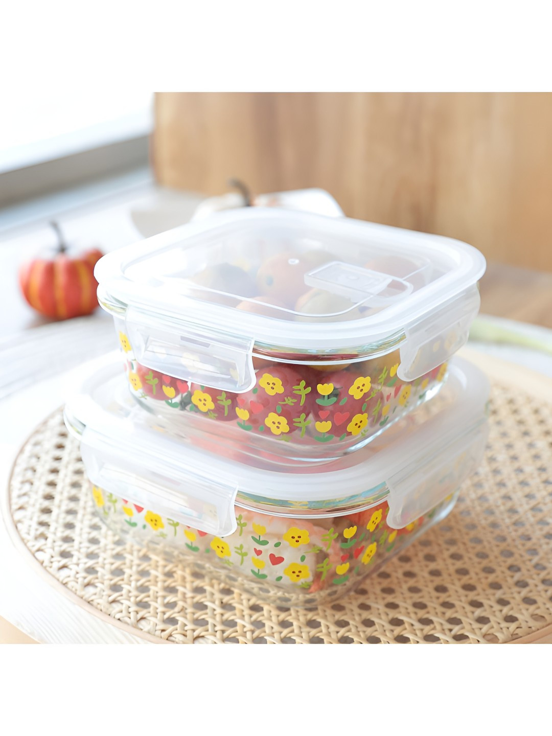 The Better Home Transparent Solid Glass Microwave Safe 2PCs Lunch Box With Spoon and Fork