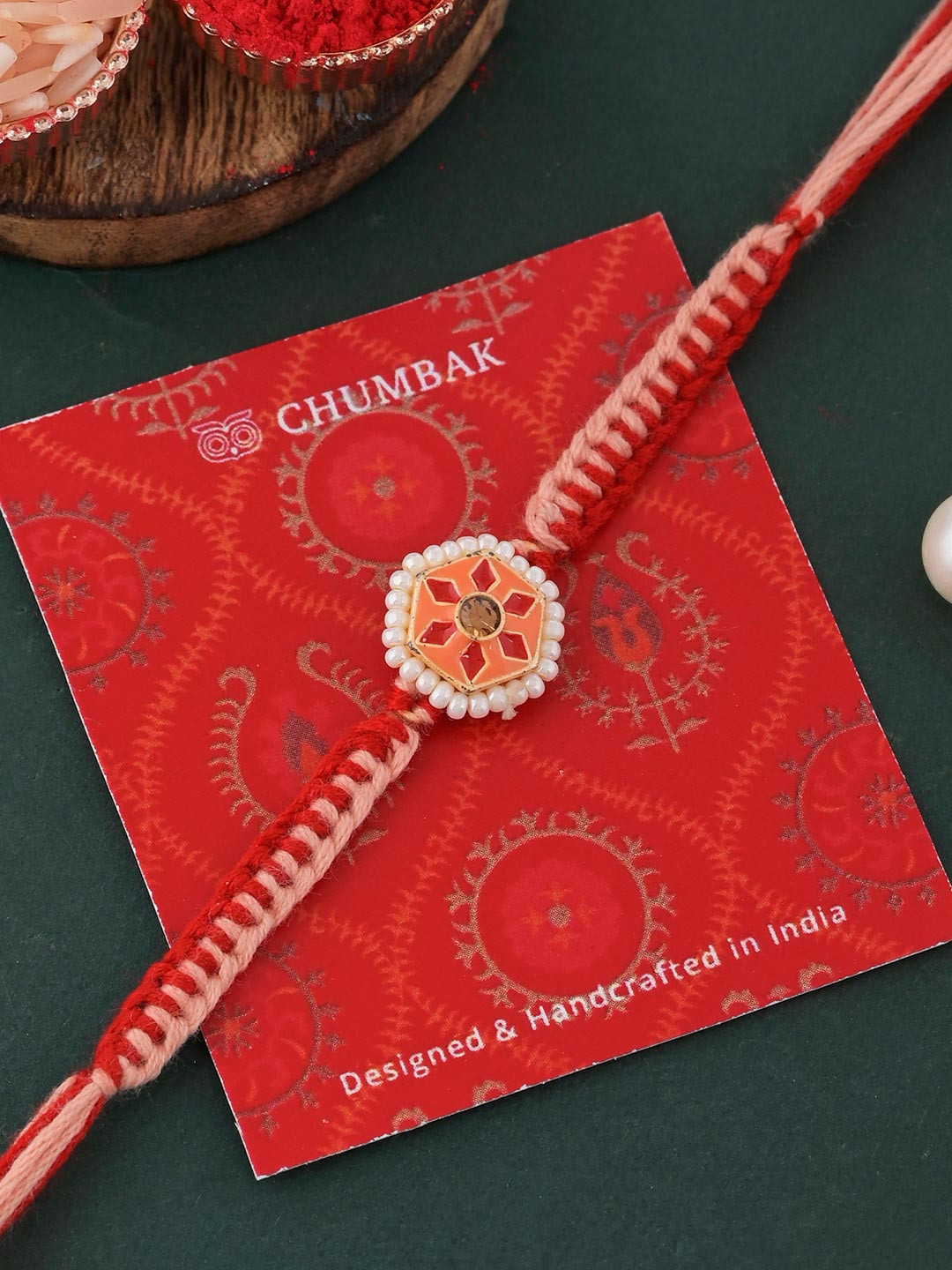 Red Beaded Motif Thread Rakhi