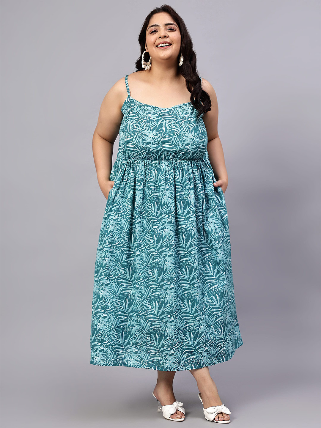 Indietoga Plus Size Leaf Printed Pure Cotton Strap Dress