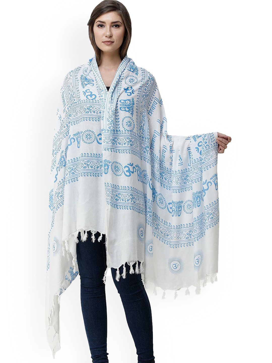 Exotic India Bluejay Printed Om Namah Shivai Prayer Polycotton Shawl