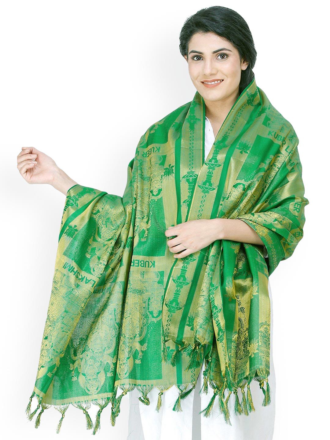 Exotic India Art Silk Zari Woven Goddess Lakshmi and Lord Kuber Prayer Shawl