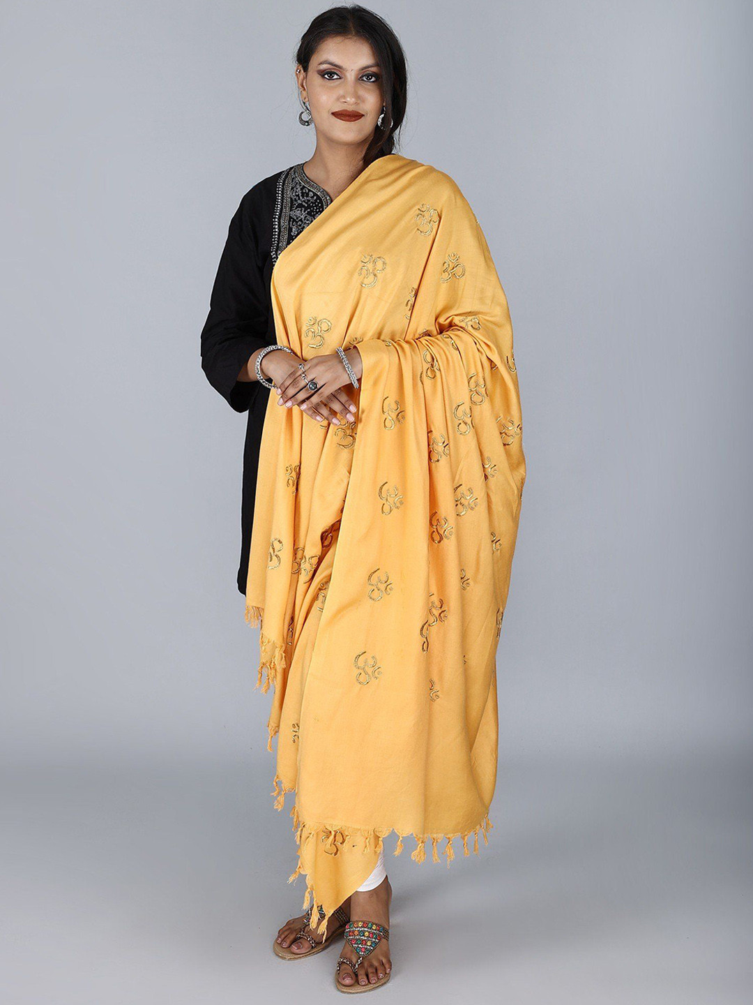 Exotic India Yellow Viscose Cotton Prayer Shawl with Zari Embroidered Om Motif