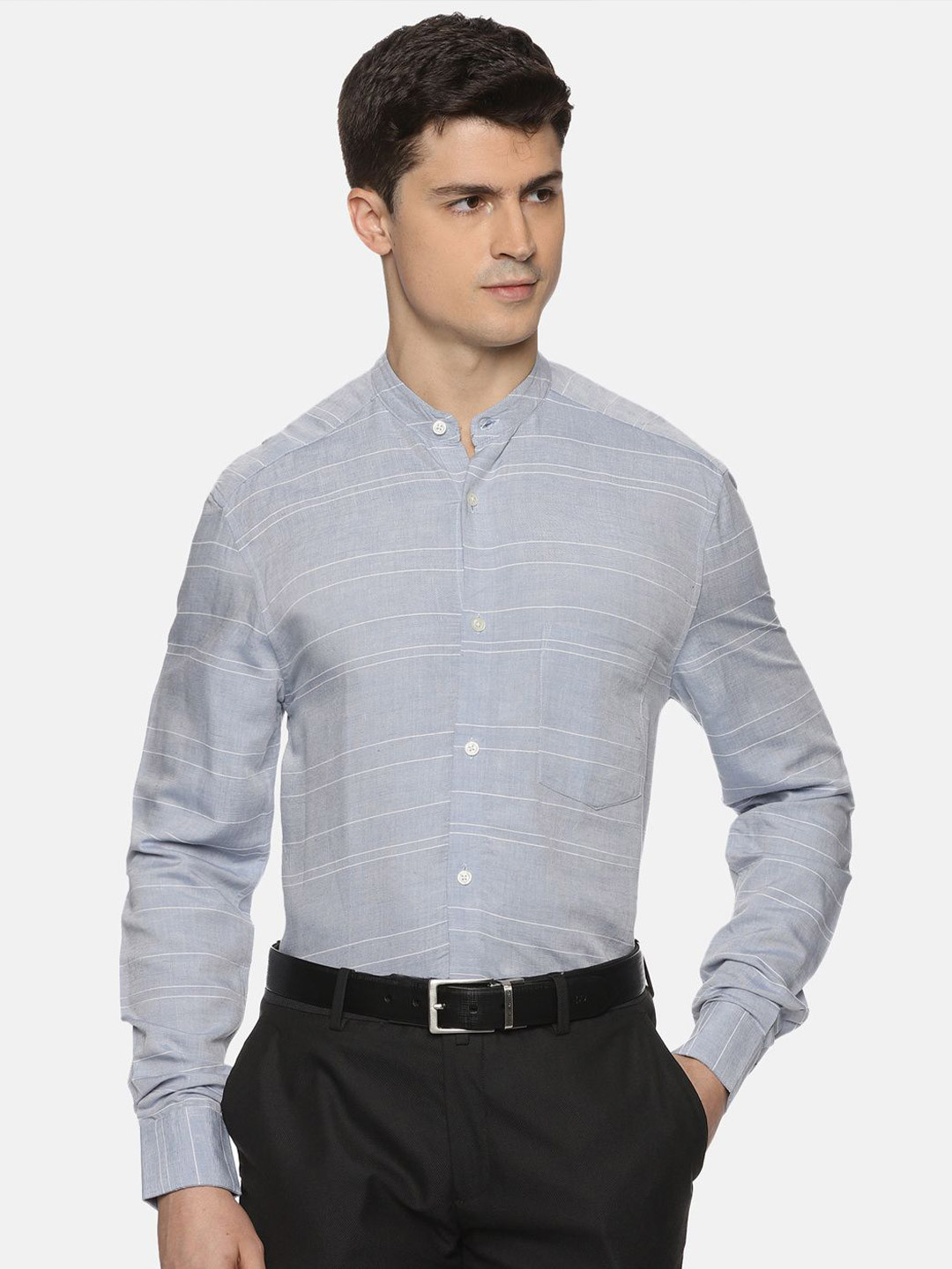THE FORMAL CLUB Men Band Collar Horizontal Striped Formal Shirt