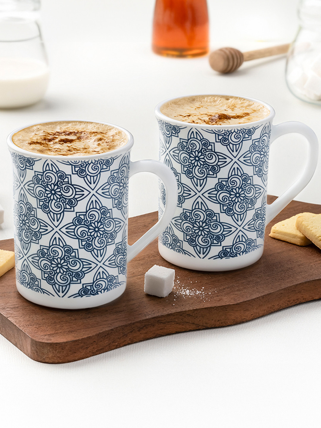 Larah by BOROSIL White & Black 2 Pieces Ethnic Motifs Printed Glossy Mugs 350 ml