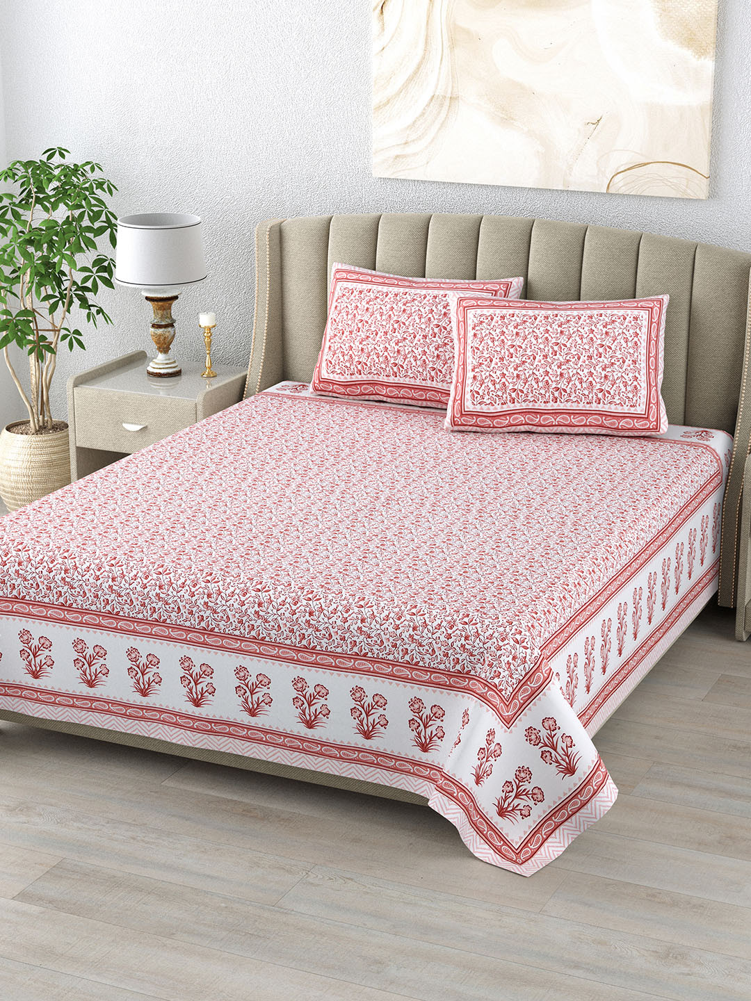DE CAMA Pink Floral Pure Cotton 300 TC King Fine Bedsheet with 2 Pillow Covers-108 x 108 inches