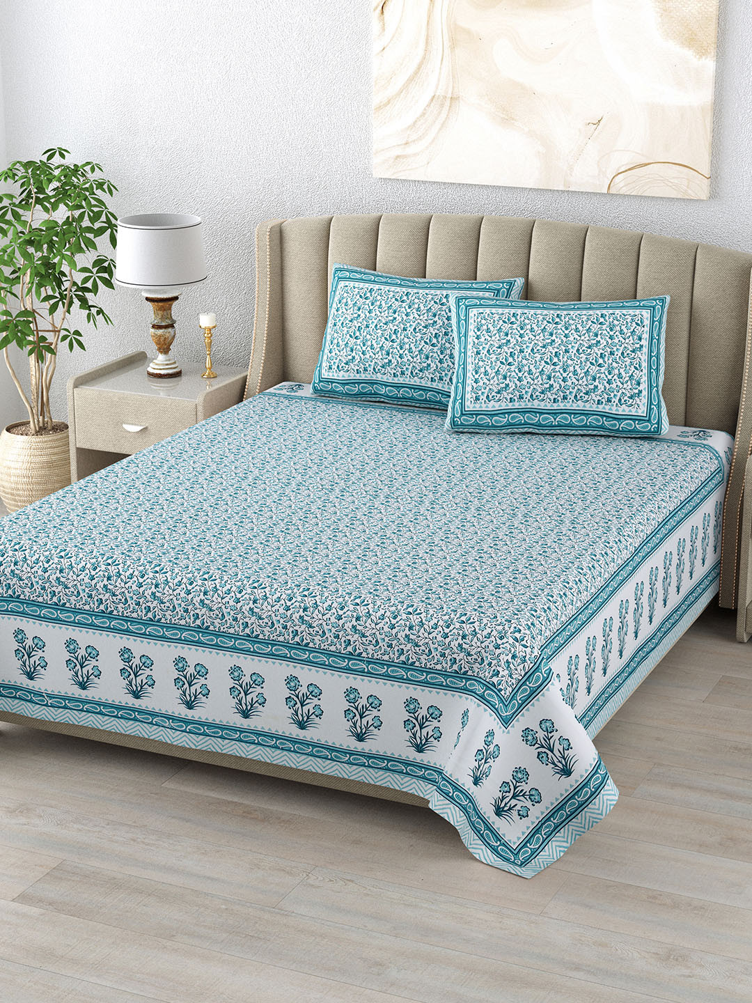 DE CAMA Blue Floral Pure Cotton 300 TC King Fine Bedsheet with 2 Pillow Covers-108 x 90 inches