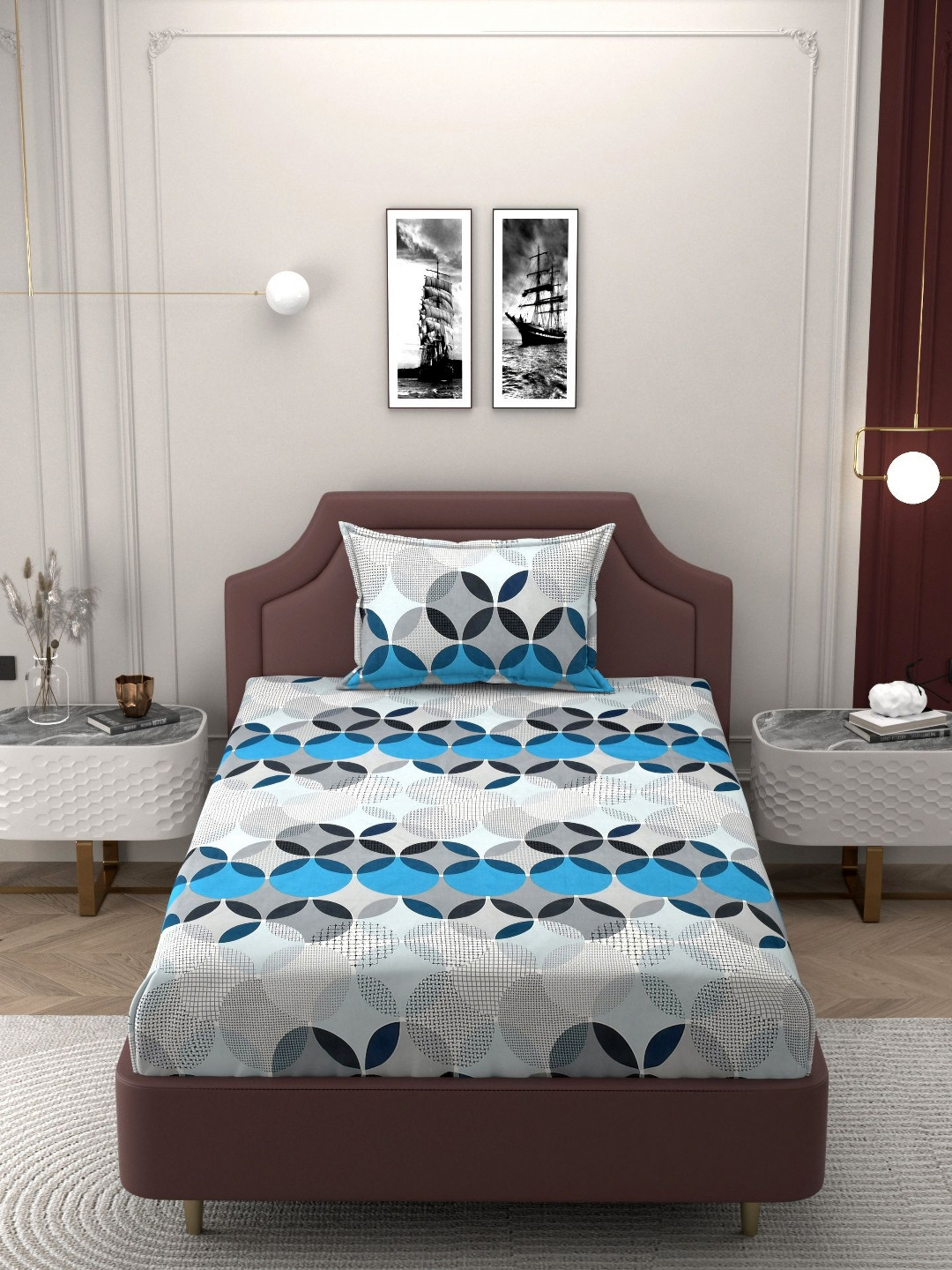 Bromwick Blue 250 TC Single Bedsheet with 1 Pillow Covers