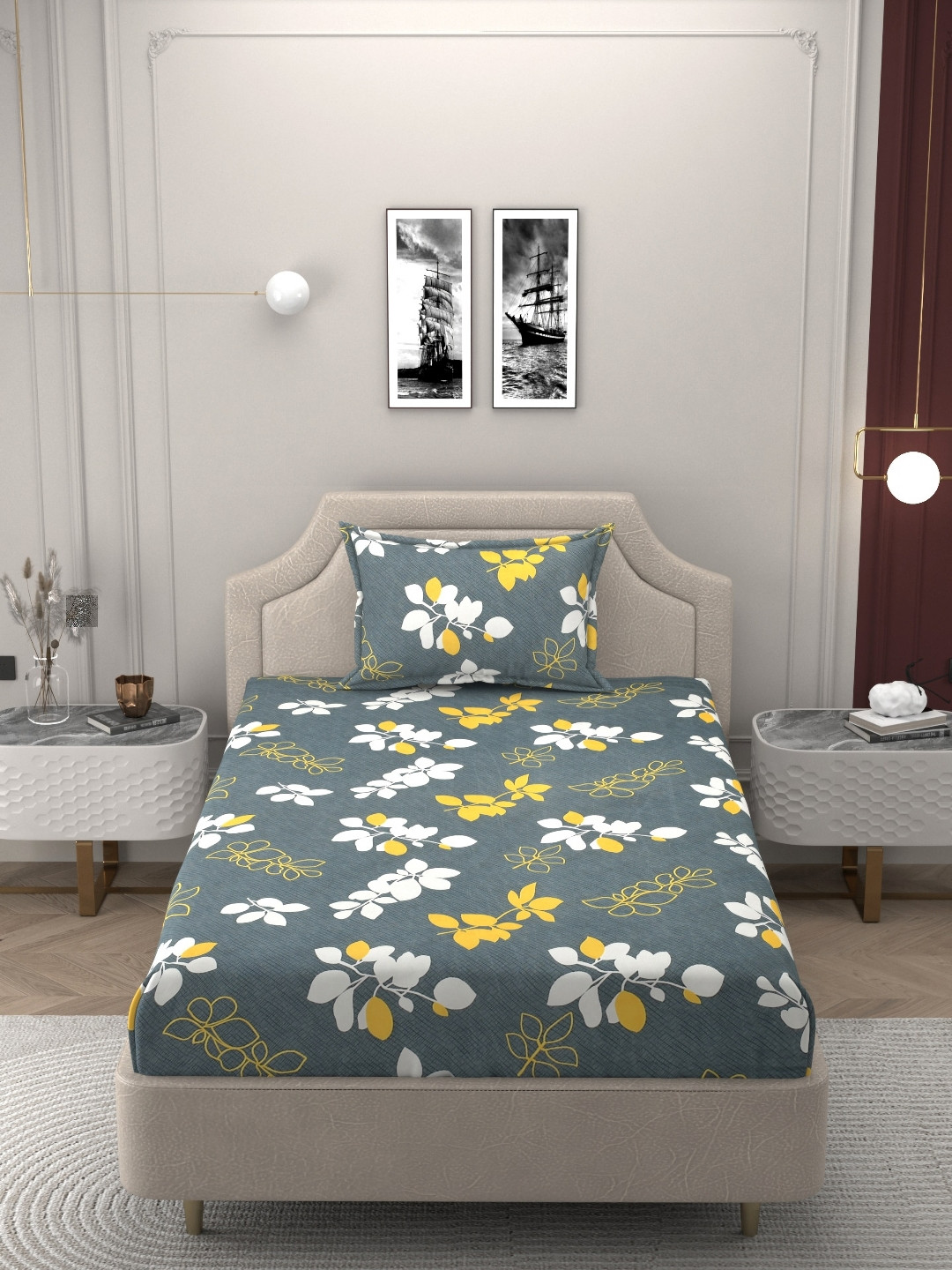 Bromwick New Collection Grey Floral Cotton 250 TC Single Superfine Bedsheet with a Pillow Cover-90 x 60 inches
